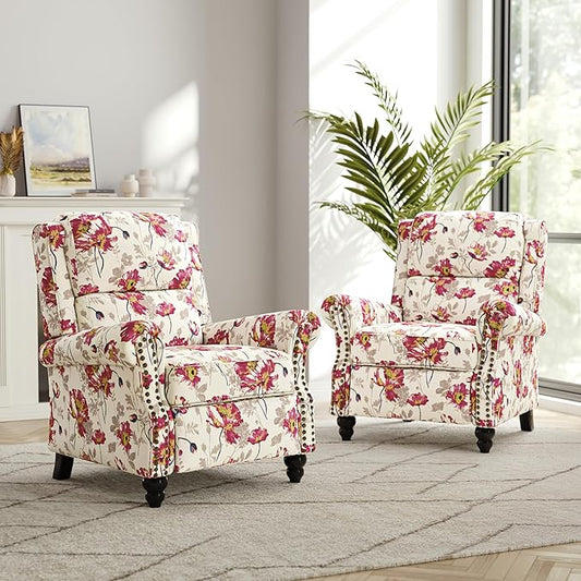 Recliner Chair Modern Pushback Armchair with Adjustable Backrest &amp Footrest for Bedroom Living Room (Pattern FloralSet of 2)