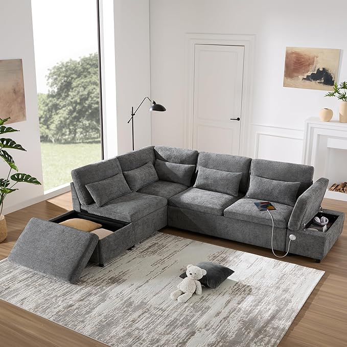 Modular Sectional Sleeper Sofa Bed 107'' Pull Out Bed Sectional Sofa with Free Movement Storage Ottoman L-Shape with Wide Seats Oversized Chenille Sofa for Living Room (Grey/512)