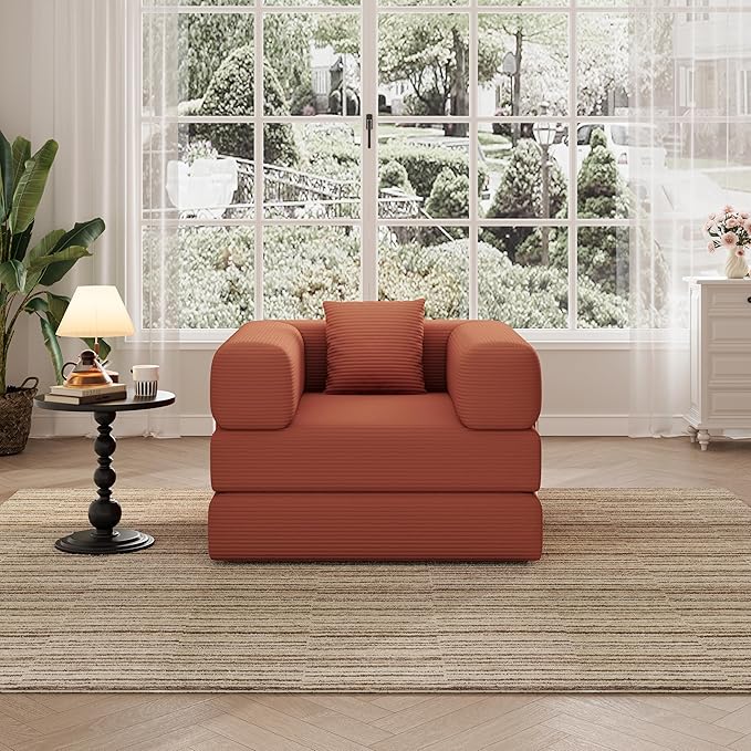 Folding Sofa Bed 2 in 1 Convertible Sofas to Lounger Comfy Single Bean Bag Chair Floor Portable Foldable Sleeper Lazy Futon Couch Chair for Bedroom Living Room(Orange 35.43 Single Sofa)