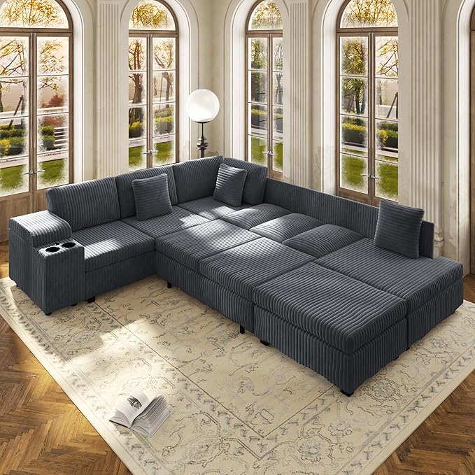 KEIKI 110 L-Shaped Oversized Plush Corduroy Modular Sectional Sofa with Pull-Out Bed Convertible 6-Seater Sleeper Couch Bed with 1 Ottomans &amp USB &amp Cup Holders Easy Assembly for Living Roo