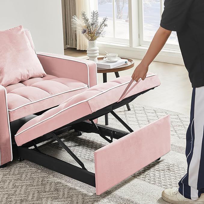 3-in-1 Velvet Chair-bed Adjustable Backrest Pull-out Chaise Lounger Tufted Cushioning Side Organizer Pocket Space-saving Convertible Seating for Living Room Apartment Guestroom Office (Pink)