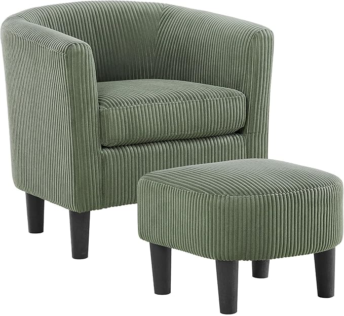 Modern Accent ChairUpholstered Arm Chair Corduroy Single Sofa Chair with Ottoman Foot Rest Comfy Armchair for Living Room Bedroom and OfficeYellow (Green)