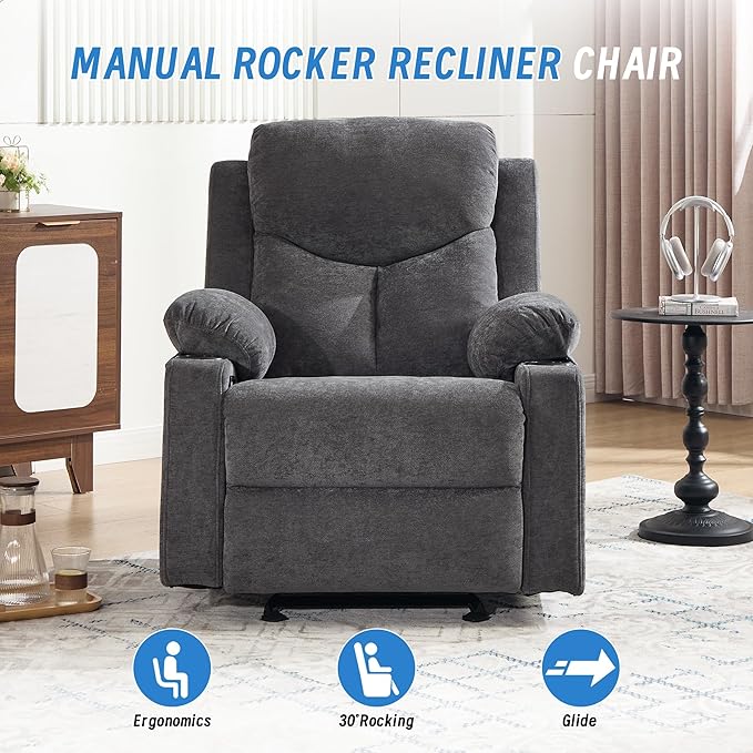 Manual Rocker Recliner Chair for Adults with Vibration MassageGlider Rocking Recliner Chairs for Living Room Bedroom Overstuffed Reclining Sofa Chair with Pockets and Cup Holds (Dark Grey)