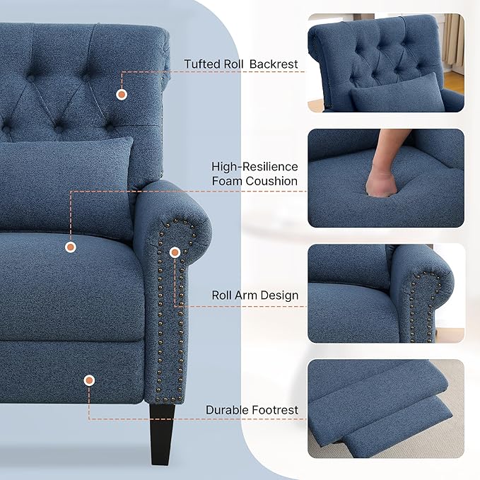 Pushback Recliner Chair Accent Push Back Chair with Adjustable Footrest Upholstered Linen Fabric Reclining Sofa with Side Pocket Comfy Modern Armchair for Living Room Navy Blue