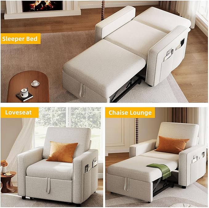 YITAHOME Convertible Sofa Chair Bed 3-in-1 Linen Fabric Sleeper with Pull-Out Bed Reclining Backrest &amp Wide Armrest Beige