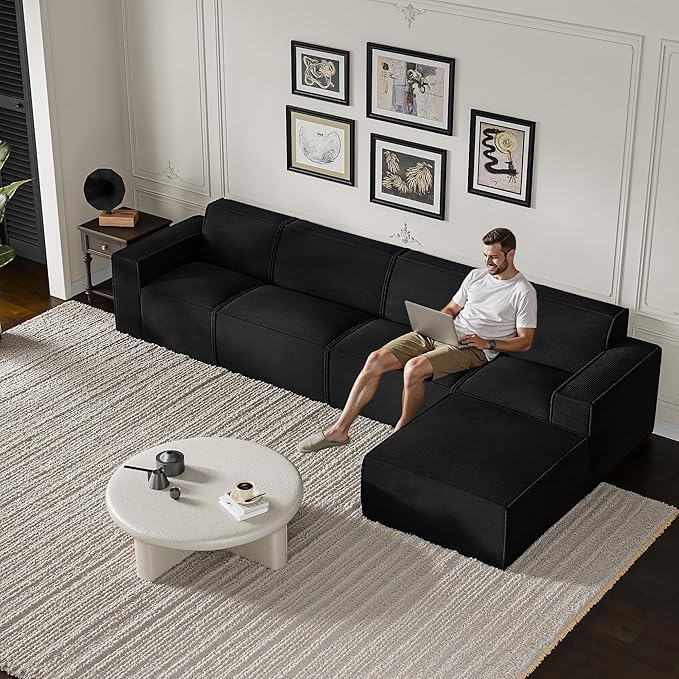 Cozy Castle 142 Modular Sectional Sofa L Shaped Corduroy Boneless Couch with Deep Seat and Ottoman Chaise Cloud Sofa Upholstered Couches for Living Room Bedroom No Assembly Required (Black)