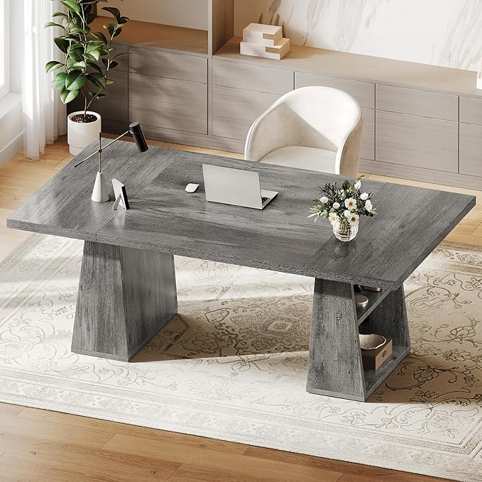 YITAHOME 63 Executive Desk Large Office Desk Computer Desk with Double Pedestal and Storage Shelves Wood Simple Workstations Writing Table Conference Table Business Furniture for Home Office Grey