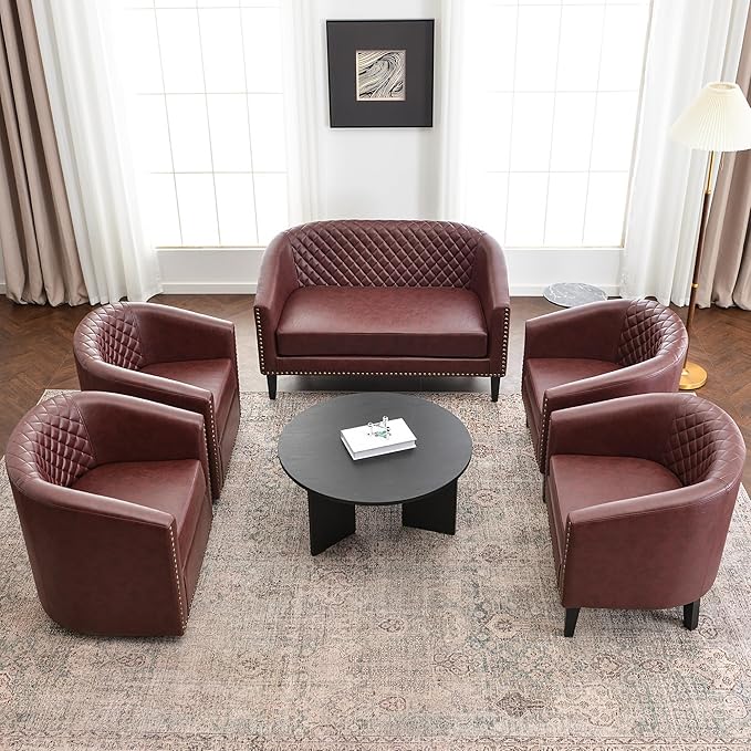 KINWELL 50 Faux Leather Upholstered Loveseat Sofa with 2 Swivel Barrel Accent Chairs Minimalist Comfy 2-Seater Couch and Armchair for Small Spaces Apartment Red