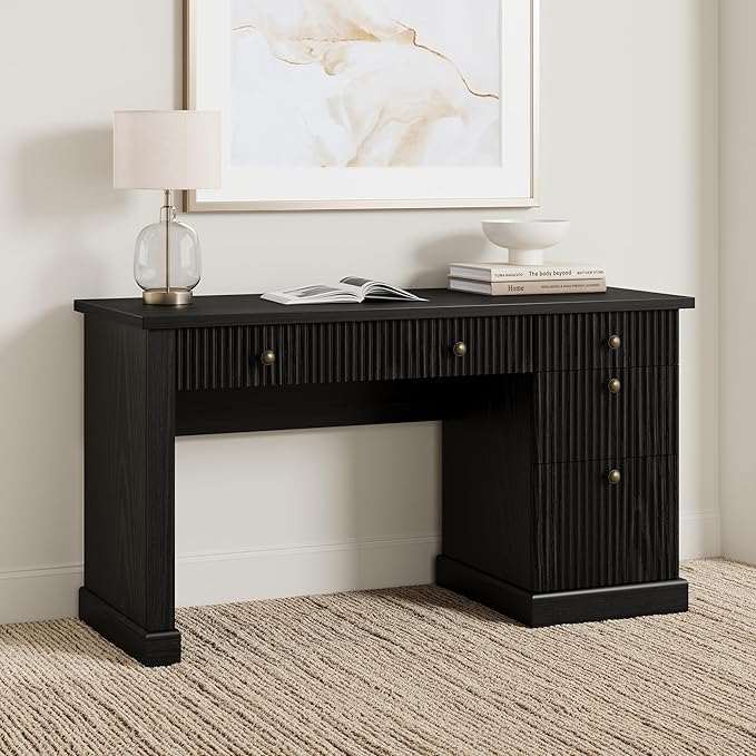 Garvee Fluted Home Office Desk Storage 54 Modern Executive Desk with Charging Station Wooden Computer Writing Desk with File Cabinet &amp Drawers for Study Living Room Bedroom