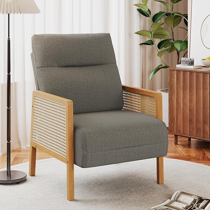 Andeworld Taupe Accent ChairsUpholstered Modern Living Room Chairs with Natural Rattan Arm Side Chair for Bedroom Club Balcony Reception Room