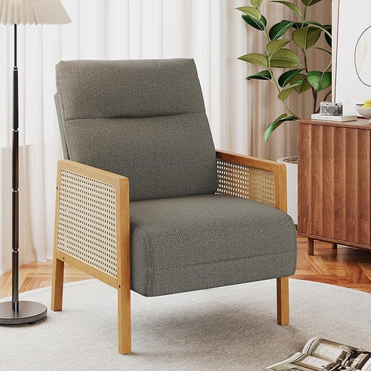 Andeworld Taupe Accent ChairsUpholstered Modern Living Room Chairs with Natural Rattan Arm Side Chair for Bedroom Club Balcony Reception Room