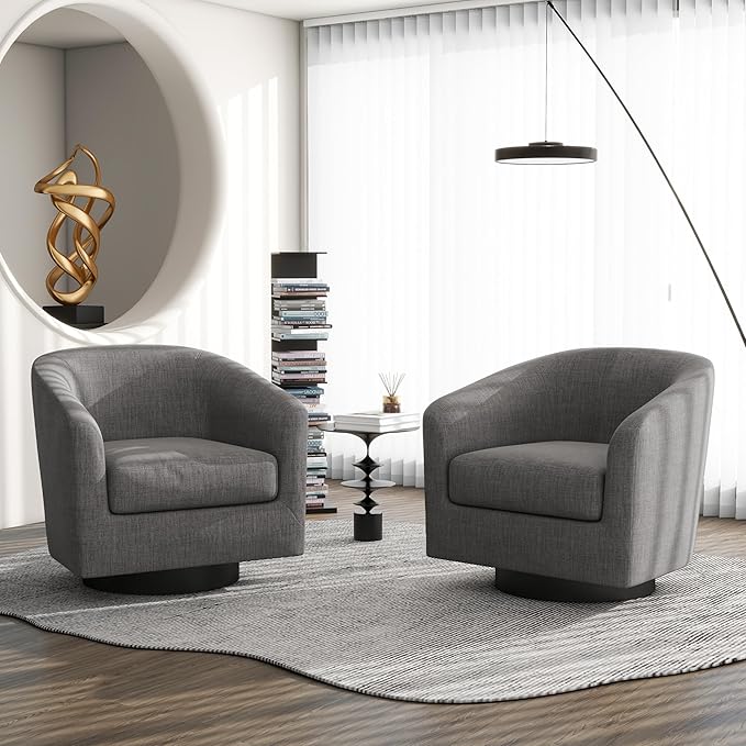 Swivel Barrel Accent Chair Modern Round Linen Arm Chair for Living Room Bedroom Comfy Club Reading Chairs for Adults（Linen Fabric Grey Set of 1