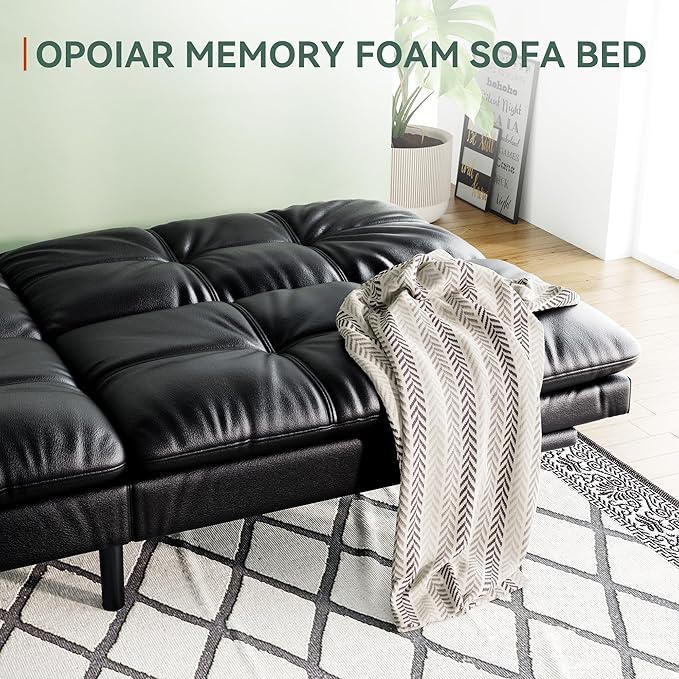 Opoiar 71 L Covertible Futon Sofa BedFaux Leather Futon Couch Memory Foam Modern Loveseat Sleeper Small Splitback Sofa Couches for Living RoomRVHome OfficeApartmentBlack
