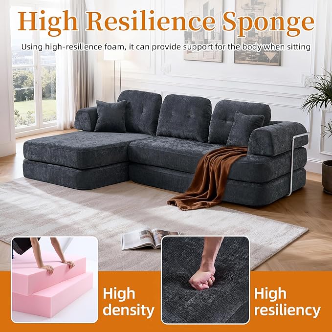 104 Modular Sectional Sofa Boneless Couch for Living RoomL-Shape Modular Sofa Bed with Fixed-Shape FrameFolding Floor Convertible Sofa Couch Bed with Reversible Chaise