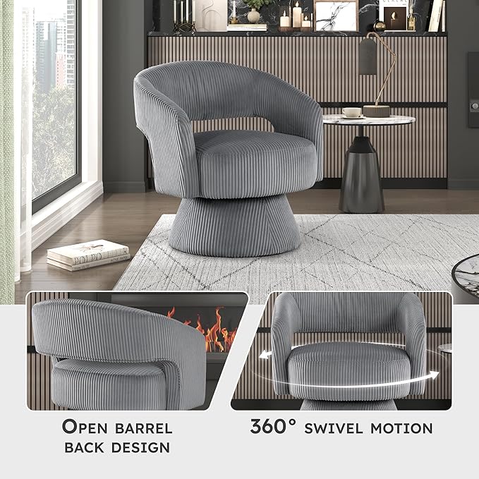 Lexicon 360 Degree Swivel Accent Chair Modern Comfy Corduroy Round Barrel Chair Open Back Plush Foam Cushions Metal Swivel Base for Living Room/Bedroom/Office Dark Gray