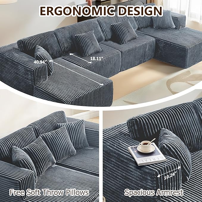 143.3'' Convertible Modular Sectional Couch Modern U-Shaped Floor Sofa with Movable Ottomans Comfy Corduroy Fabric Sofas No Assembly Free Combination Couches for Living Room ApartmentGrey