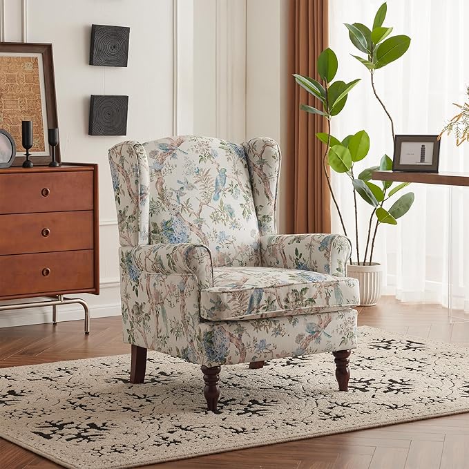 MELLCOM Floral Accent Chair High Back Upholstered Armchair with Solid Legs Leisure Single Sofa Chair for Living Room Bedroom Home Office Light Blue Floral&ampBird