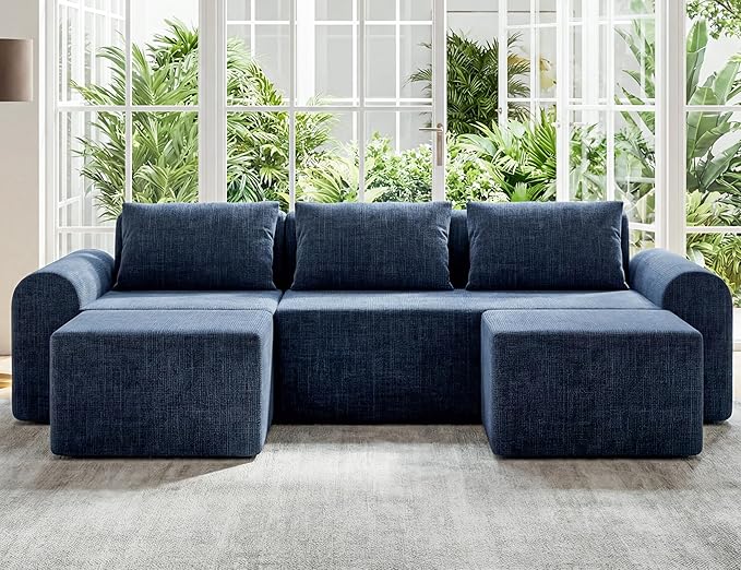 86.6 Modular Sofa Modern Boneless Sectional Sofa with Footstool No Assembly Required Extra-deep Chenille Fabric Seat L-Shaped Chaise Lounge Sofa Suitable for Living Room(Blue)