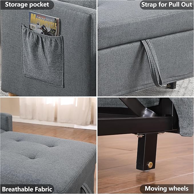 Sleeper Sofa Chair Bed 3-in-1 Single Convertible ChairMulti-Functional Sleeper Chair with Soft Fabric for Living Room Dorm Apartment Bedroom or Office (Drak Grey)