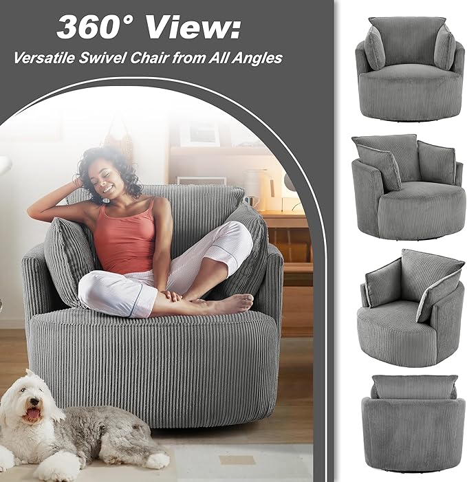 Swivel Accent ChairModern Accent Chairs for BedroomLiving Room Chair ComfyCorduroy Arm Chair360°Swivel Barrel Chairs for Living Room(1 Dark Gray)
