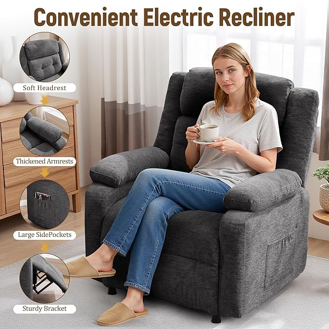 Power Recliner Chair Living Room Chairs for Adults Oversized Electric Recliner with Side Pockets Chenille Fabric Reclining Chair for Living Room Bedroom