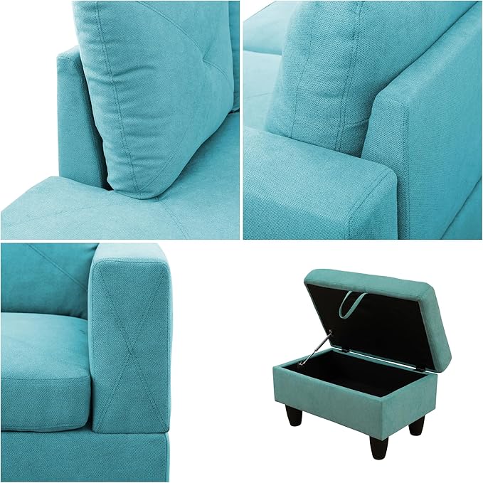 L Shaped Sectional Couches Modern Convertible Lounge Sofa with Ottoman Storage Comfy Modular Sectional Sofa for Living Room Furniture Sets Small Spaces Bedroom Blue