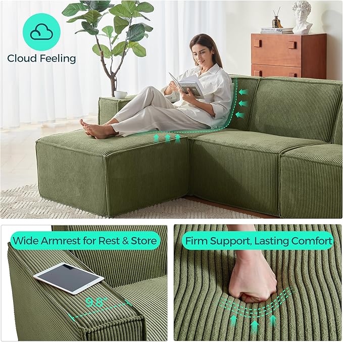 LINSY HOME Modular Sectional Sofa 76 Boneless 2-Seat Loveseat Sofa Couch Comfy Corduroy Sectional Cloud Couches for Living Room No Assembly Required Green