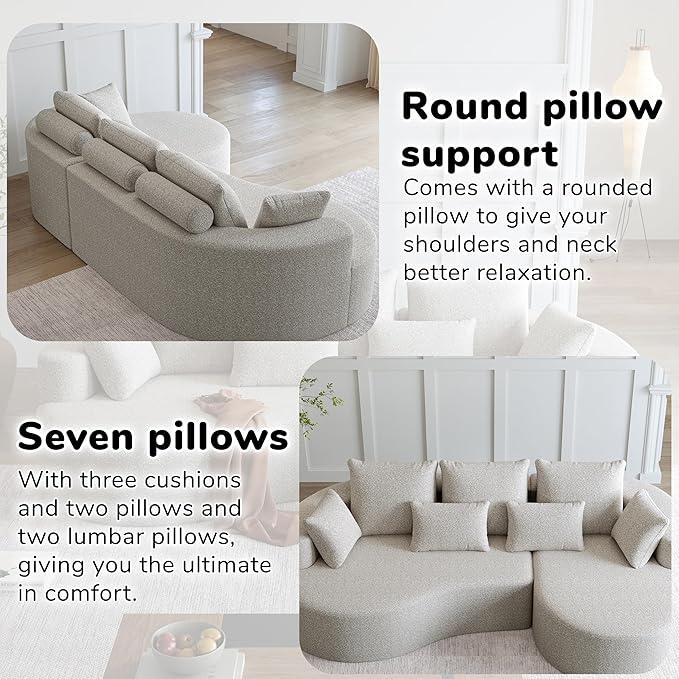 105 Boneless Chenille Upholstered Oversized Sofa Sectional 4-Seater 29.8 Deep Seat Curved Cloud Couch with 7 Pillows Free Combination Sofa Couch for Living Room (Beige 105 Right Lounge)