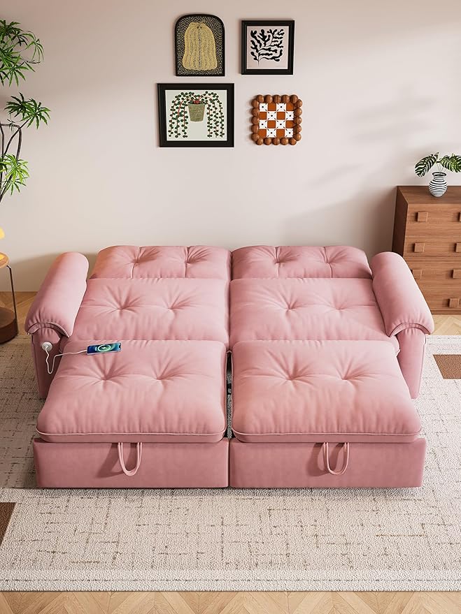 77 Queen Size Sofa Bed 2-in-1 Convertible Sleeper Sofa Bed with Adjustable Backrest Modern Velvet Couch with Side Pocket and USB Ports for Living Rooms Bedrooms Small Spaces (Pink 77.2inch)