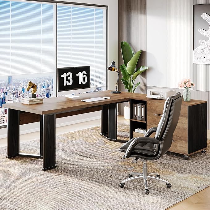 Tribesigns 70.86 Executive Desk with Mobile File Cabinet Large L Shaped Computer Office Desk with 2 Drawers and Storage Shelves Business Furniture Desk Workstation for Home Office (Light Brown)