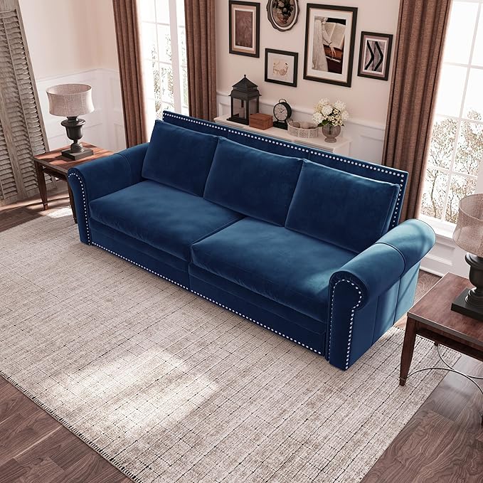 Ball &amp Cast 3-in-1 Convertible Sofa Bed93.7 Velvet Pull Out Couch Bed King Size Loveseat Sleeper Sofa with Nailhead Trim &amp Rolled ArmMulti-Functional Sofa Couches for Living RoomBlue