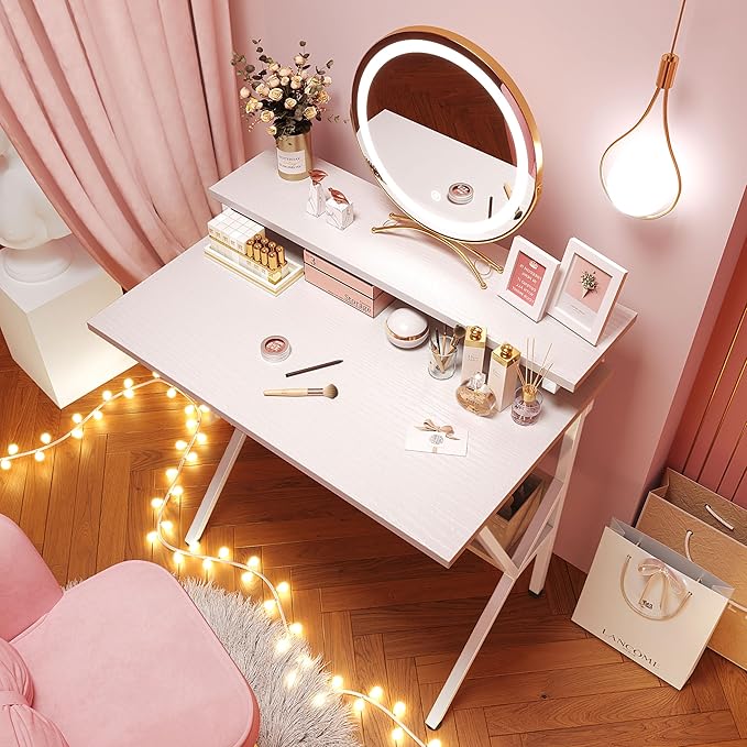 COTUBLR Small Desk 27.5 Inch Small Computer Desk for Small Spaces Computer Desk with Adjustable Monitor Stand Compact Desk with Storage Tiny Desk Study Desk for Bedroom Home Office White