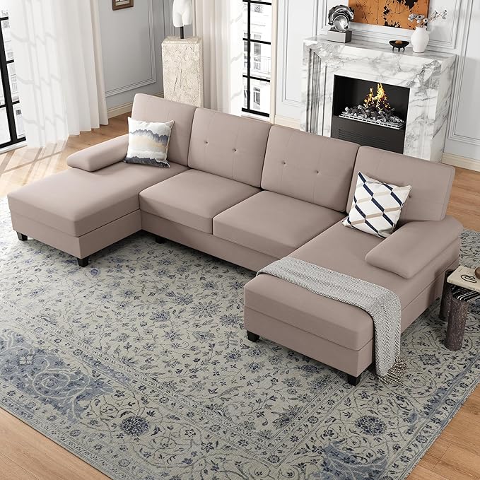 Nuturelly Nutually Sectional Couches for Living Room Convertible U-Shaped Sofa Couch with Double Chaise 4 Seat Sofa Set Modular Sofa Couch with Linen Fabric for ApartmentDark Khaki