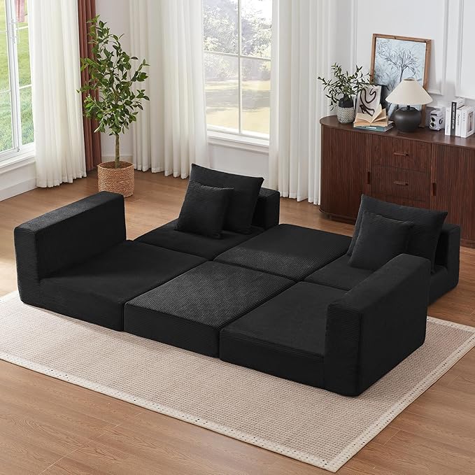 Modular Sectional Sofa with Convertible Sleeper Corduroy Fabric 2-in-1 Couch Bed with Reversible Chaise Adjustable Modular Sofas for Living Room Black