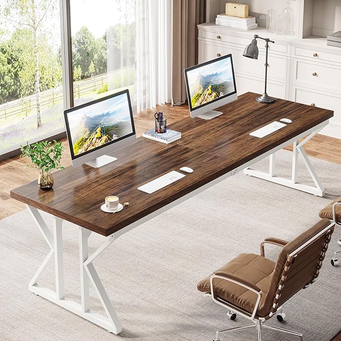 Tribesigns 78.7 Inches Long Computer Desk Two Person Desk Large Executive Office Desk Double Desk Study Writing Table for Home Office (Brown/White)