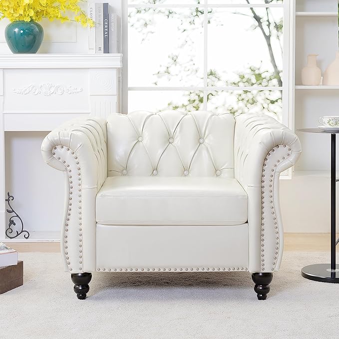 38.98''Single Chesterfield Sofa Mid Century Modern Tufted Sofa Chair with Rolled Arms and Nailhead Upholstered Leather Accent Chair with Solid Wood Legs for Living Room Office White PU