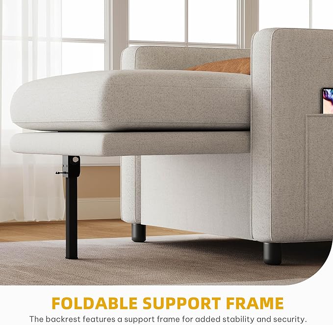 YITAHOME Convertible Sofa Chair Bed 3-in-1 Linen Fabric Sleeper with Pull-Out Bed Reclining Backrest &amp Wide Armrest Beige