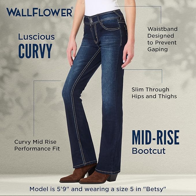 WallFlower Luscious Curvy Bootcut Jeans for Women Mid-Rise Insta Stretch Denim Size-Inclusive Juniors Jeans