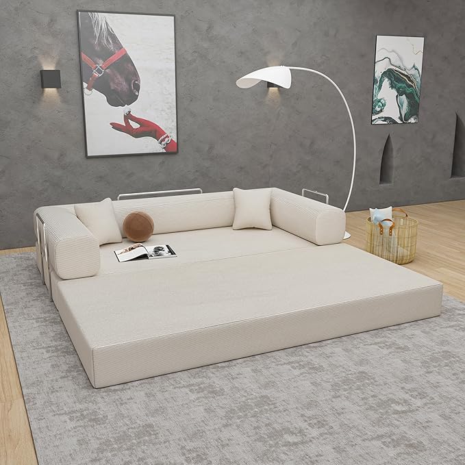 Convertible Sleeper Sofa Bed with Upgraded All High-density 35D Foam No Assembly Foldable Sleeper Couch Folding Floor Boneless Mattress Couch for Living Room Bedroom Apartment Lounge Office Beige