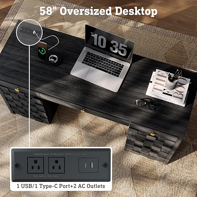 58 Executive Desk with Drawers Home Office Desk with Charging Station &amp Keyboard Tray Wood Office Desk with File Drawer &amp Storage Cabinet Modern Computer Writing Desk with Adjustable Shelf