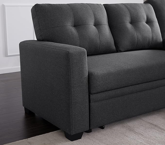 82 Linen Upholstered Pull Out Sectional Sofa with Storage ChaiseLoveseat Couch W/Converted Twin Size Sleeper and Removable Back Cushionsfor DormApartmentStudioOfficeDark Gray 53