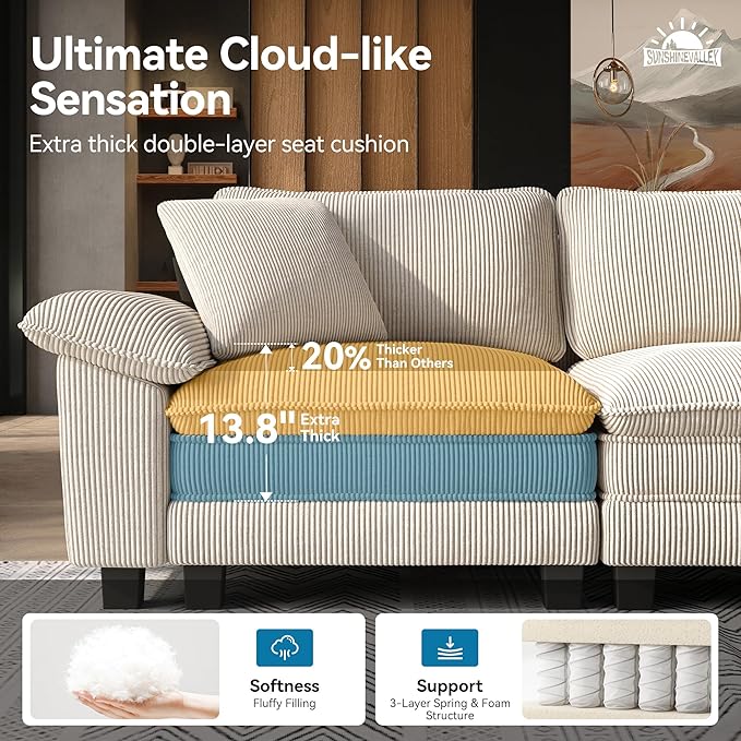 U Shaped Modular Cloud Couch 123.6'' Comfy Corduroy Sectional Sofa with Wider Armrest and Ottoman Upholstered 5-Seat Modern Deep Seat for Bedroom Living Room Beige
