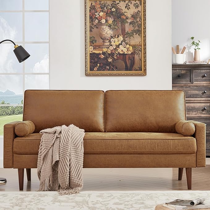 HIFIT 58 Loveseat Sofa Couch Mid Century Modern Faux Leather Couch with Hand-Sewn Deep Love Seat &amp 2Pillows Home Sofa Living Room Small Couches for Small SpaceBedroomOfficeSolid Wood FrameB