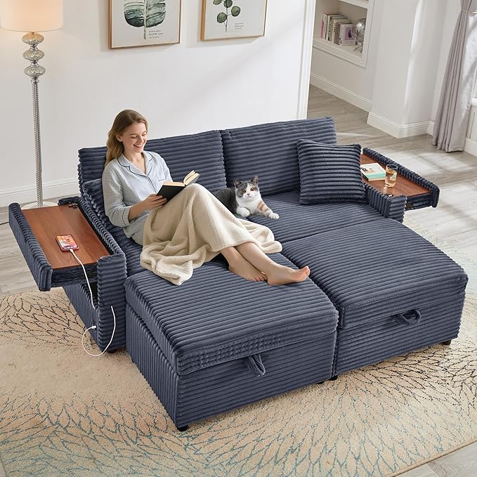 68 Cloud Loveseat with Ottoman Set USB Ports &amp Storage Wooden Side Table Comfy Plush Corduroy Upholstered Love Seat Modern Oversized Deep Seated Grey Sectional for Living Room Grey