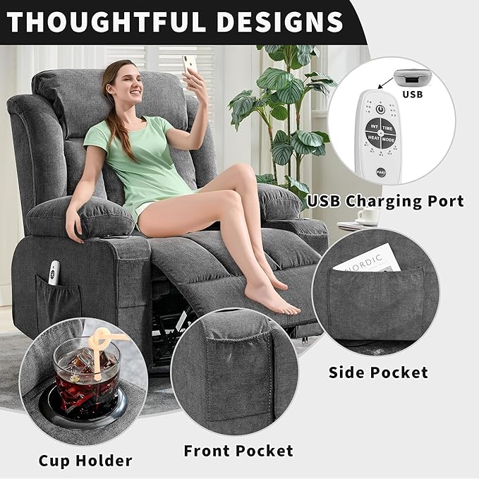 GAOMON Rocker Swivel Recliner Chair with Heat Massage Large Wide Lazy Boy Single Sofa Seat with 3 Positions 2 Side Pockets Cup Holders USB Ports Remote Control