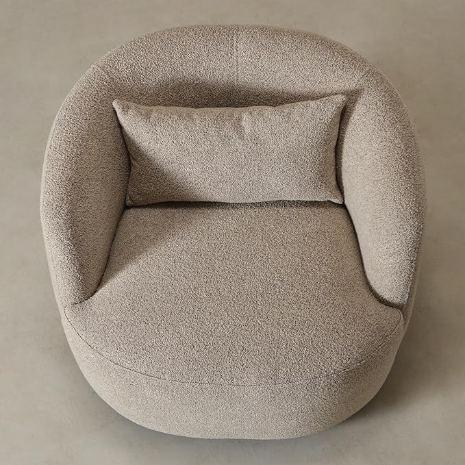 KINWELL 34 Wide Boucle Swivel Barrel Chair No Assembly Round Upholstered Armchair Accent Chair Single Sofa Chair with Toss Pillow for Living Room and Bedroom Taupe