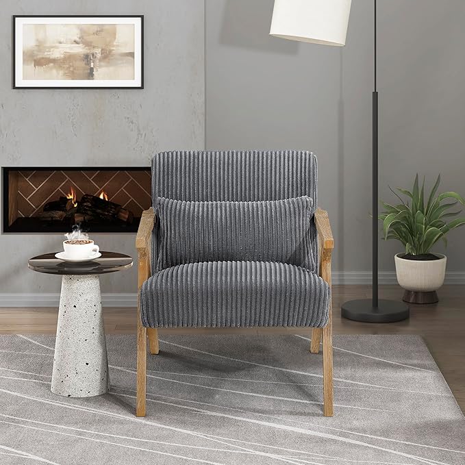 Lexicon Mid Century Modern Accent-Chair with Lumbar Pillow Brown Solid Wood Frame Comfy Corduroy Upholstered Lounge Arm Chair for Living Room/Bedroom/Office/Reading Nook Assembly Required Grey