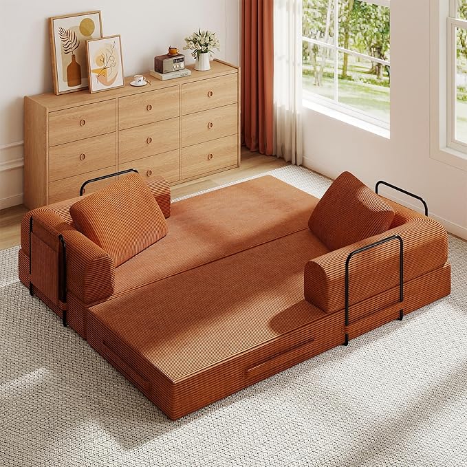 KEIKI 79 Corduroy Sleeper Sofa Bed with Fixed Frame 3-Seat Convertible Couch with Cylindrical Pillow Folding Mattress Sofa for Small Space Living Room Bedroom Lounge Vibrant Orange