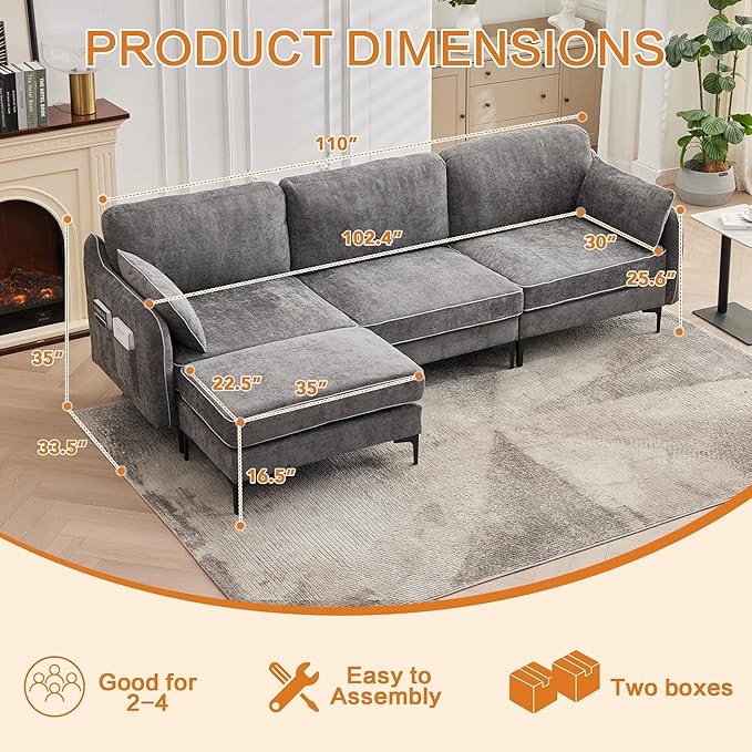LSSBOUGHT 110 Sectional SofaL Shaped Sofa with Movable Ottoman Chenille Fabric 3 Seat Modern Couches for Living Room Apartment and Small Space (Gray)