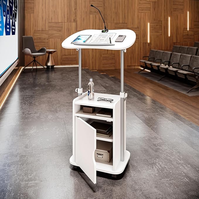 Techni Mobili Adjustable Laptop Cart with Storage Rolling Mobile Workstation Desk with Cabinet Shelf &amp Locking Wheels. Height Adjustable Sit to Stand for Home Office Bedside or Classroom (Whit